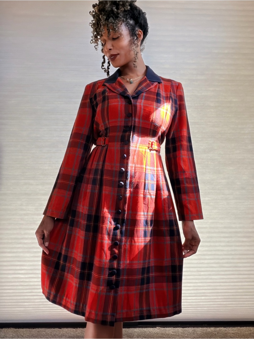 Vintage Halmode Petites Red Tartan Plaid Button Front Midi Dress